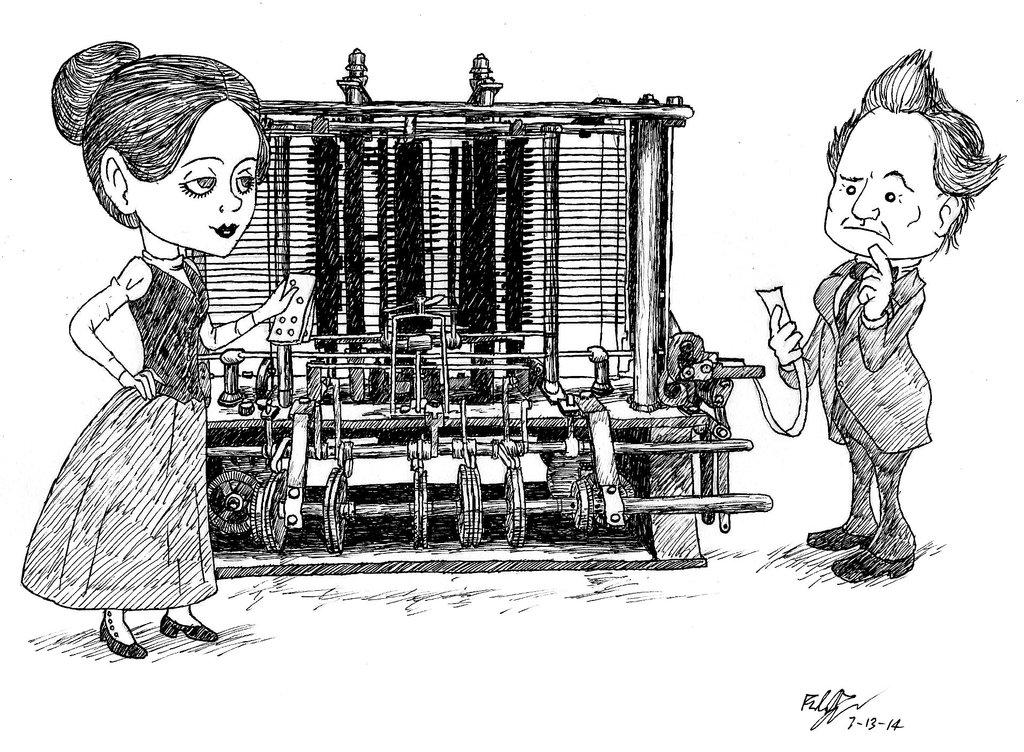 Ada traduziu o artigo que explicava sobre o funcionamento da máquina analítica de Babbage. A tradução era três vezes maior que o artigo original e nas anotações Ada utilizou os números de Bernoulli desenvolvendo conceitos e estruturas que se assemelham com as estruturas utilizadas na programação atualmente e que mais tarde, um dos exemplos de Ada, foi considerado o primeiro programa de computador da história. Babbage impressionado com as anotações convidou-a para ajudá-lo na construção do Engenho Analítico, porém o projeto não se concretizou devido à falta de apoio público, financiamento, a falta de saúde de Babbage e, sobretudo, a falta de capacidade técnica da época. Ao lado uma ilustração de Ada, Babbage e a máquina analítica por Robert Ryan.(Foto: Analytical Engine por Neo-Valigarmander)
